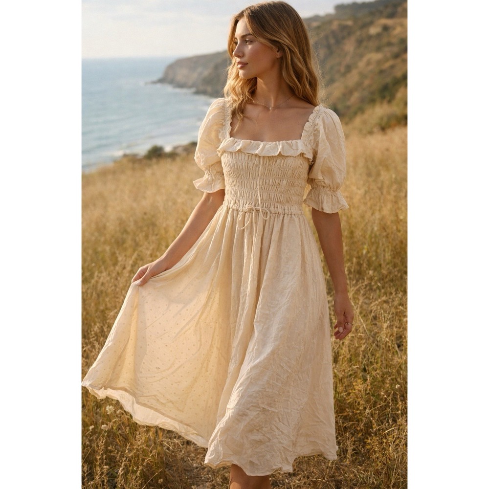 Sunlit Smocked Midi Dress in Soft Cream